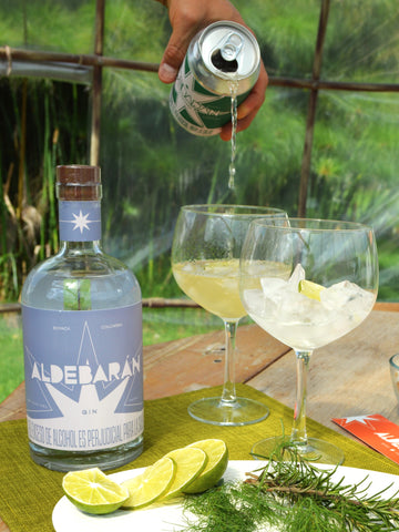 Gin tonic con gin de 18 botánicos principalmente andinos mezclado con la bebida gasificada, Hard seltzer de gulupa, rodajas de limón y algunas hierbas decorativas